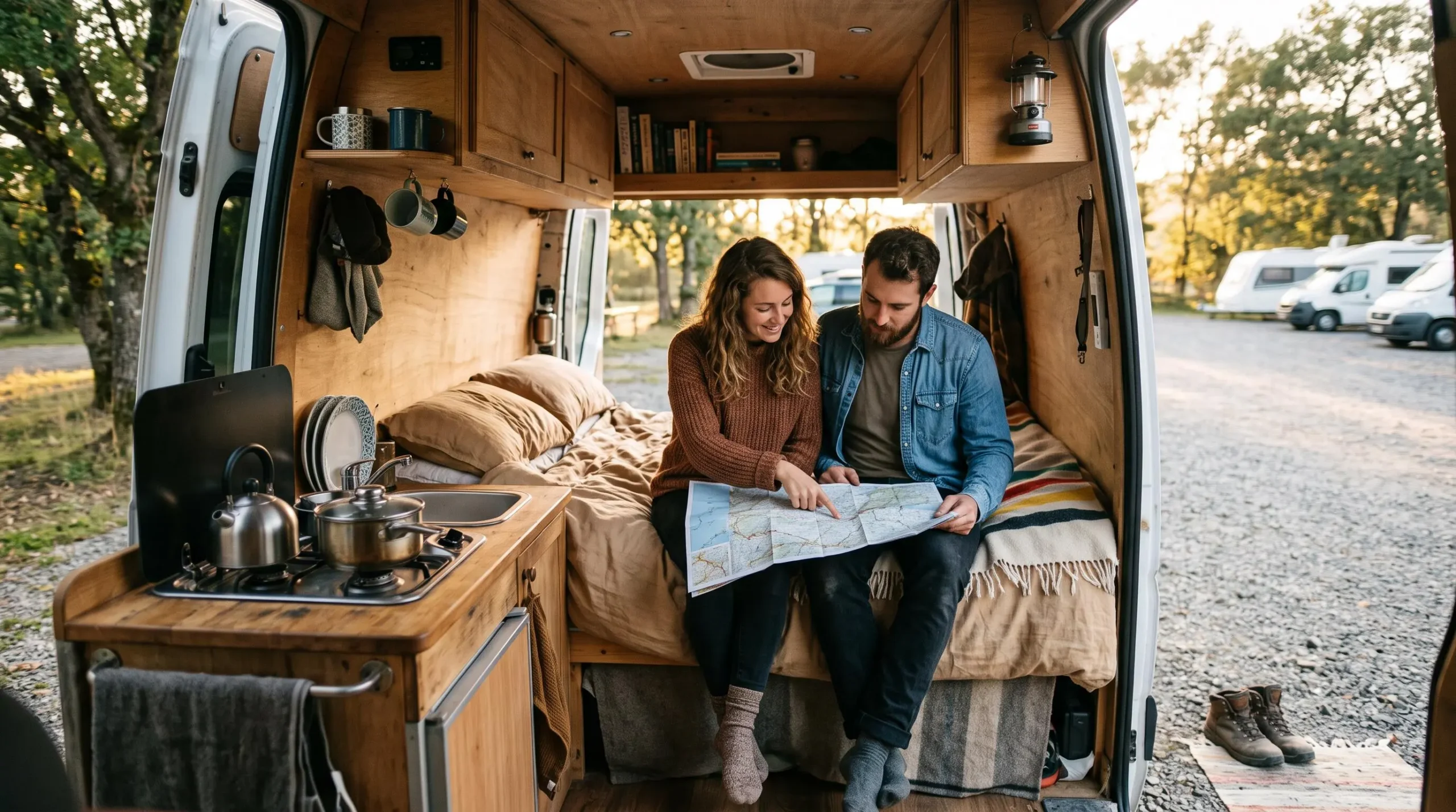 Un couple assis dans l'arrière d'un van aménagé consulte une carte routière.