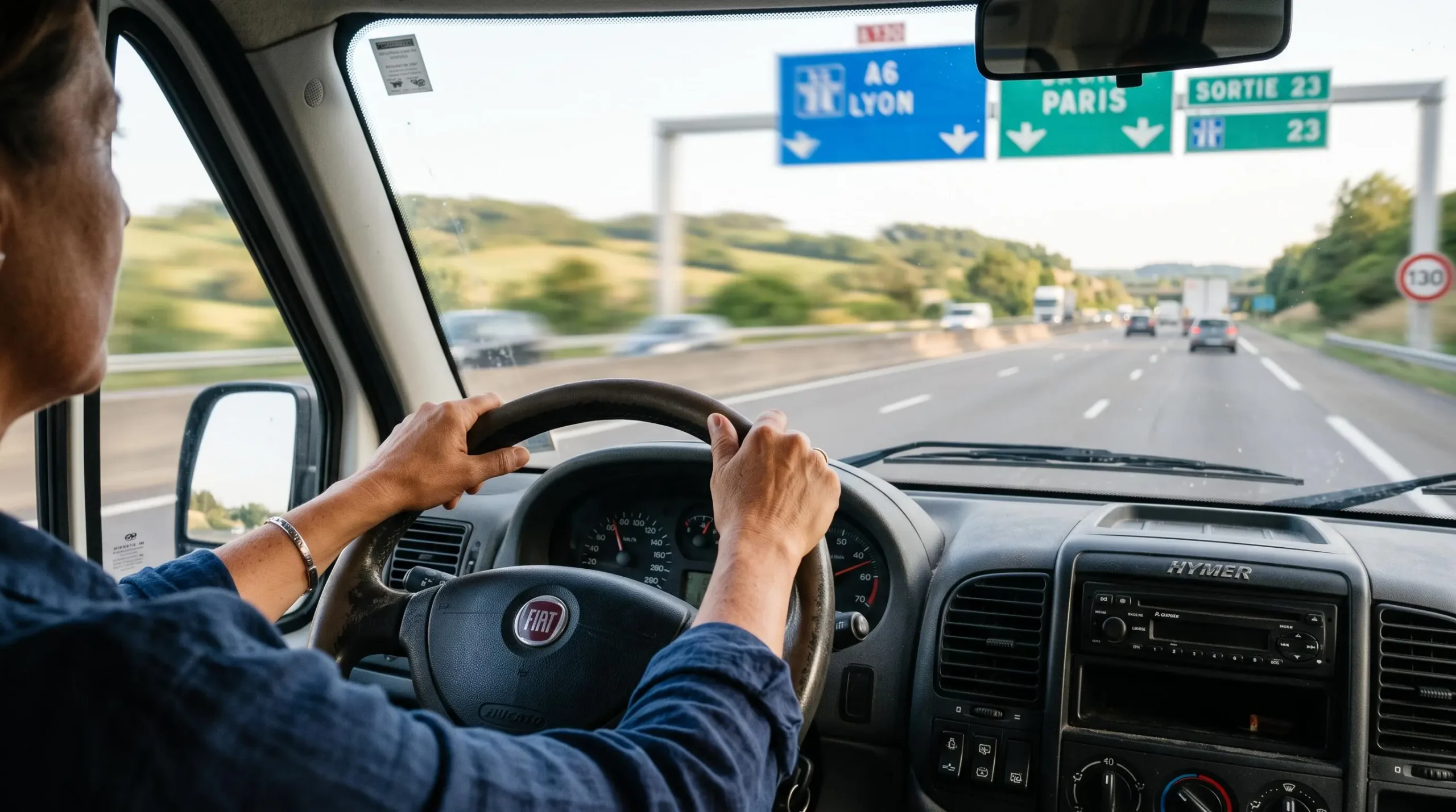 Mains d'un conducteur tenant le volant d'un van roulant sur une autoroute française.