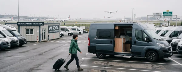 Un voyageur avec sa valise rejoint un van aménagé stationné près de l'aéroport de Paris-CDG.