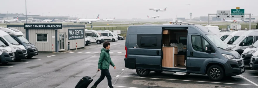 Un voyageur avec sa valise rejoint un van aménagé stationné près de l'aéroport de Paris-CDG.